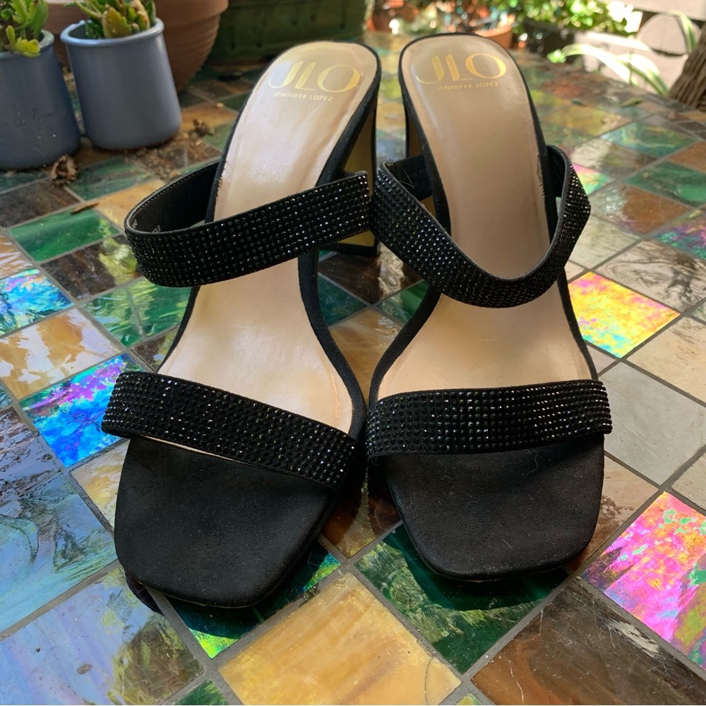 Jennifer Lopez Black Rhinestone Two-Band Heeled Sandals Sz: 10